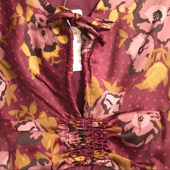 FREE PEOPLE Morning‎ Light Mini Dress Long Sleeve Floral Satin Purple Size 0 New - Picture 6 of 16